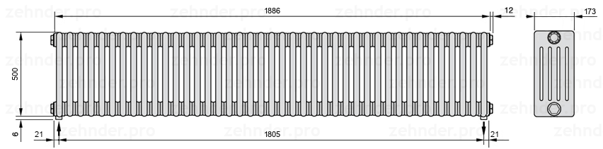Схема (чертеж) Радиатор Zehnder Charleston 5050/41 №5310 Белый глянцевый RAL 9016
